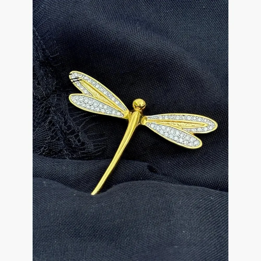 Vintage Gold Tone Rhinestone Dragonfly Brooch Pin